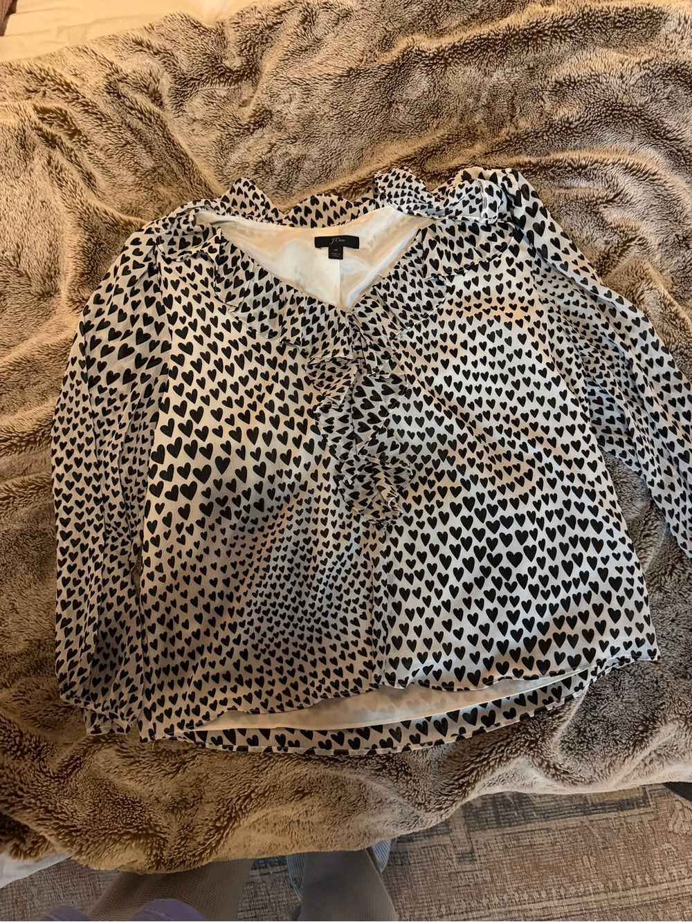 J. Crew Black Heart-Print Ruffle Front Blouse